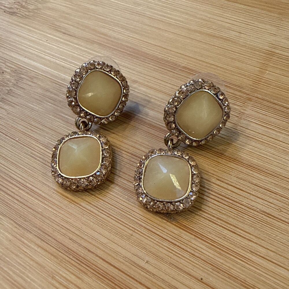 Yellow Square Stone Crystal Dangle Drop Earrings Unbranded Vintage